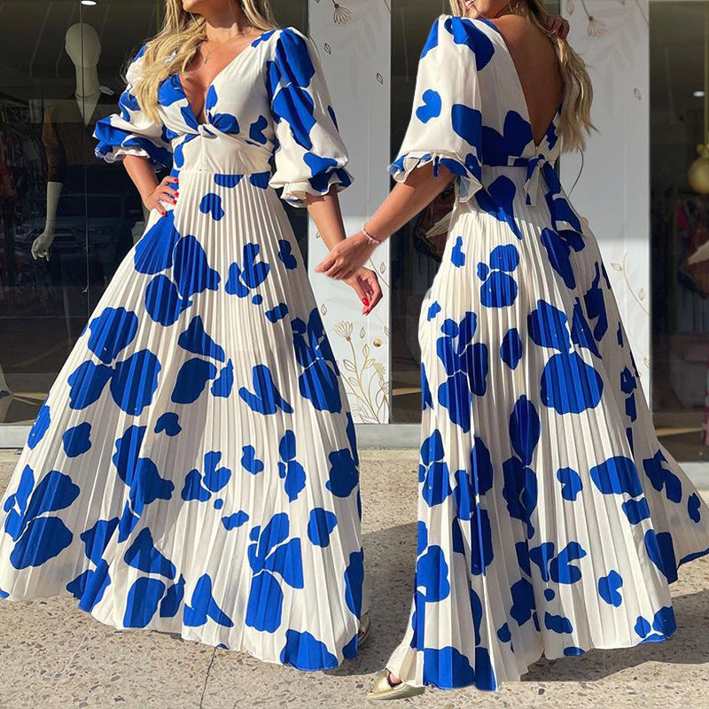 Summer Bohemian Elegant Party Fashion V Neck Long Sleeve Printed Maxi Dress