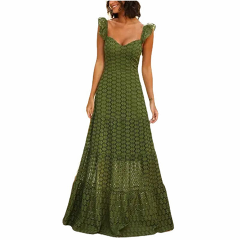 Fashion Sling V Neck High Waist Cutout Boho Vacation Elegant Lace Bustier Maxi Dress