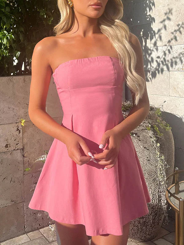 Tied Split-Joint Solid Color Pleated Backless Sleeveless Loose Tube Mini Dresses