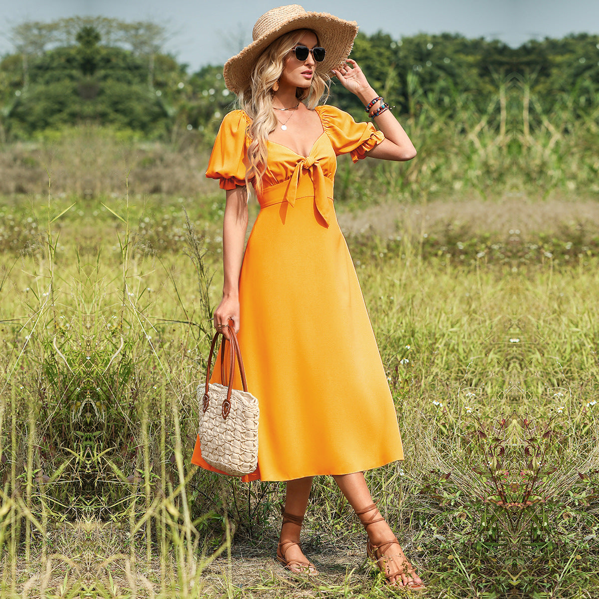 Solid Color V Neck Casual Bow Puff Sleeves High Waist Elegant A Line Maxi Dress