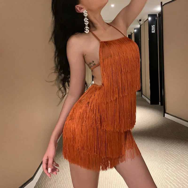 Women's Sexy Backless Tassel Halter Mini Dress