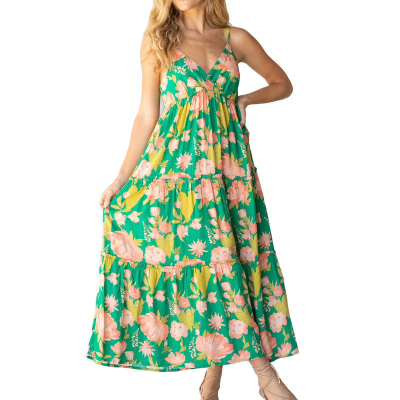 Summer Square Neck High Waist Stitching Pleated Print Loose Casual A-Line  Maxi Dress