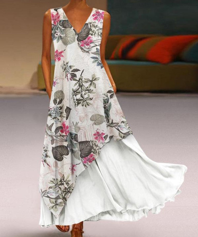 Ladies Printed Sleeveless Two Layer Casual Elegant Maxi Dress