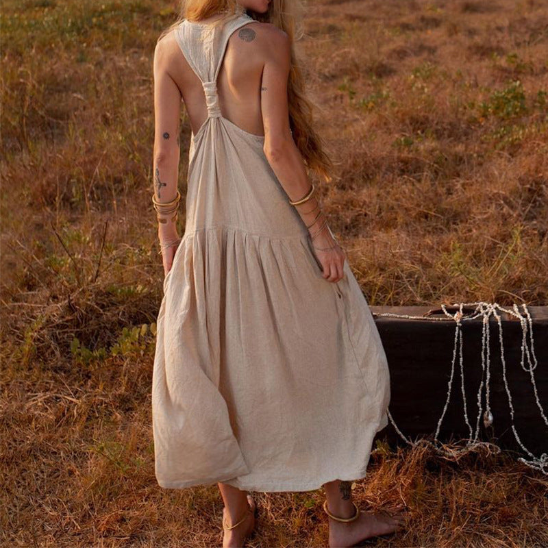 Ladies Casual Temperament Solid Color Sleeveless Strapless Fashion  Maxi Dress