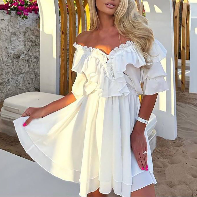 Summer Ruffles Beach Vacation Short Dress Elegant Solid Color Slim Women's Dress Temperament High Waist Slash Collar Party Dress