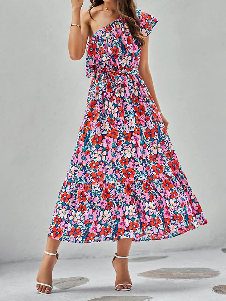 Women's Fashion Floral Ruffles Slanting Shoulder Sexy  Swing  Maxi Dress