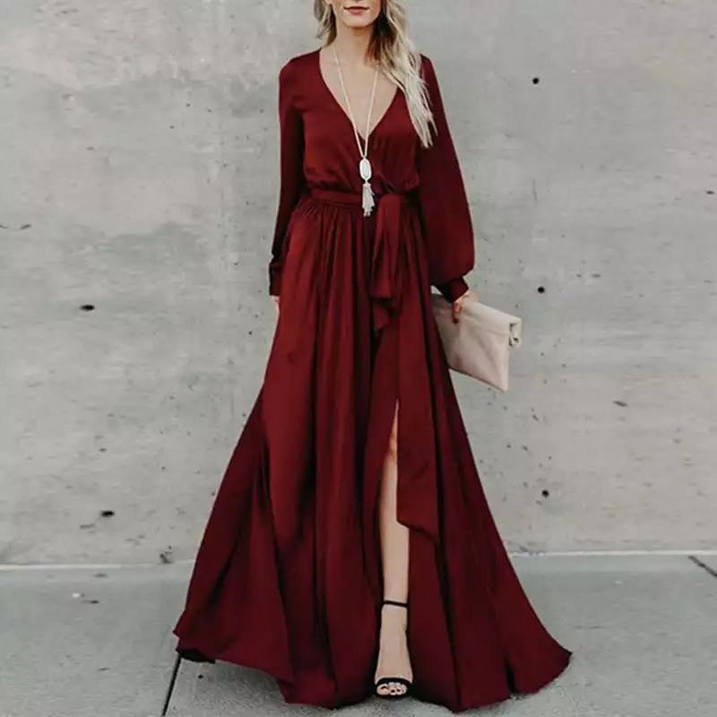 Temperament V Neck Long Sleeve Solid Color Party Elegant  Maxi Dress