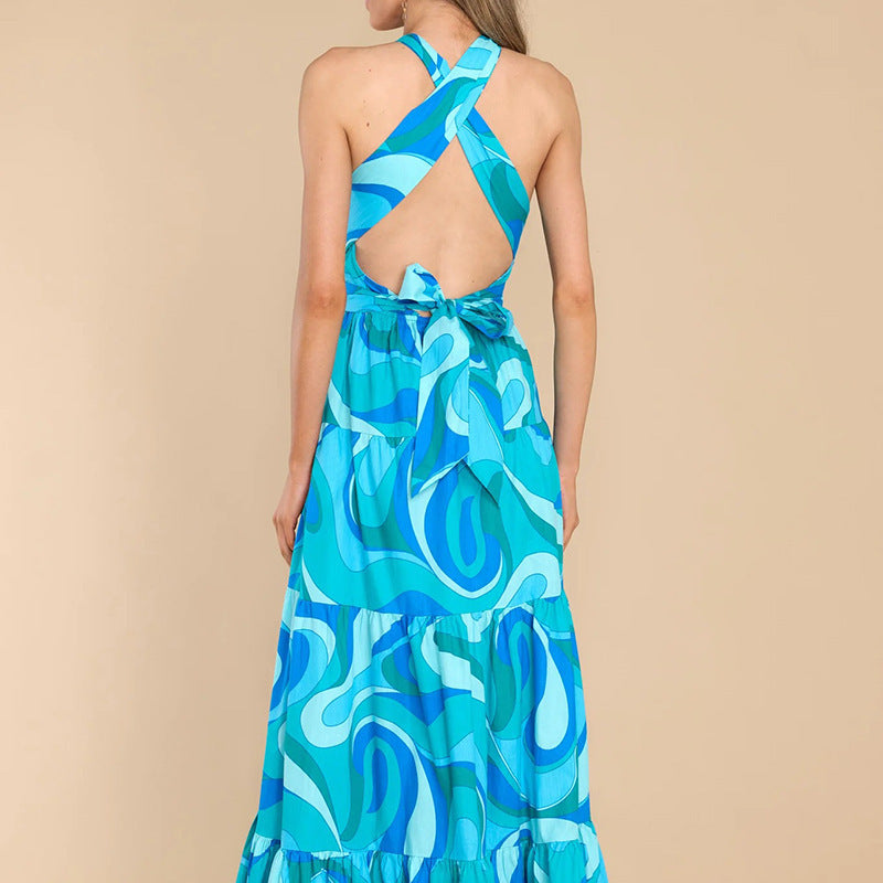 Summer Women's Fashion Print Halter Neck Sexy Backless Ruffled Swing Maxi Dress
