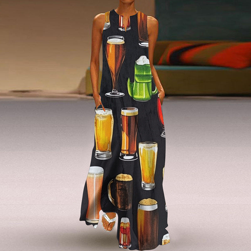 Summer Women Fashion Elegant Sleeveless V Neck Print Sexy Maxi Dress