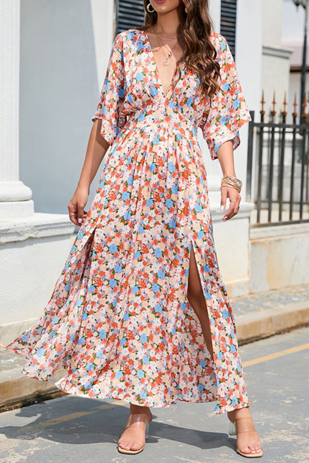 Summer Fashion Print Holiday Skinny Deep V Neck Slit Beach Swing Maxi Dress
