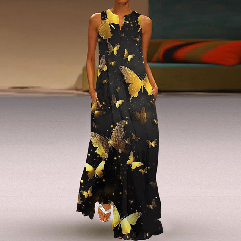 Summer Women Fashion Elegant Sleeveless V Neck Print Sexy Maxi Dress