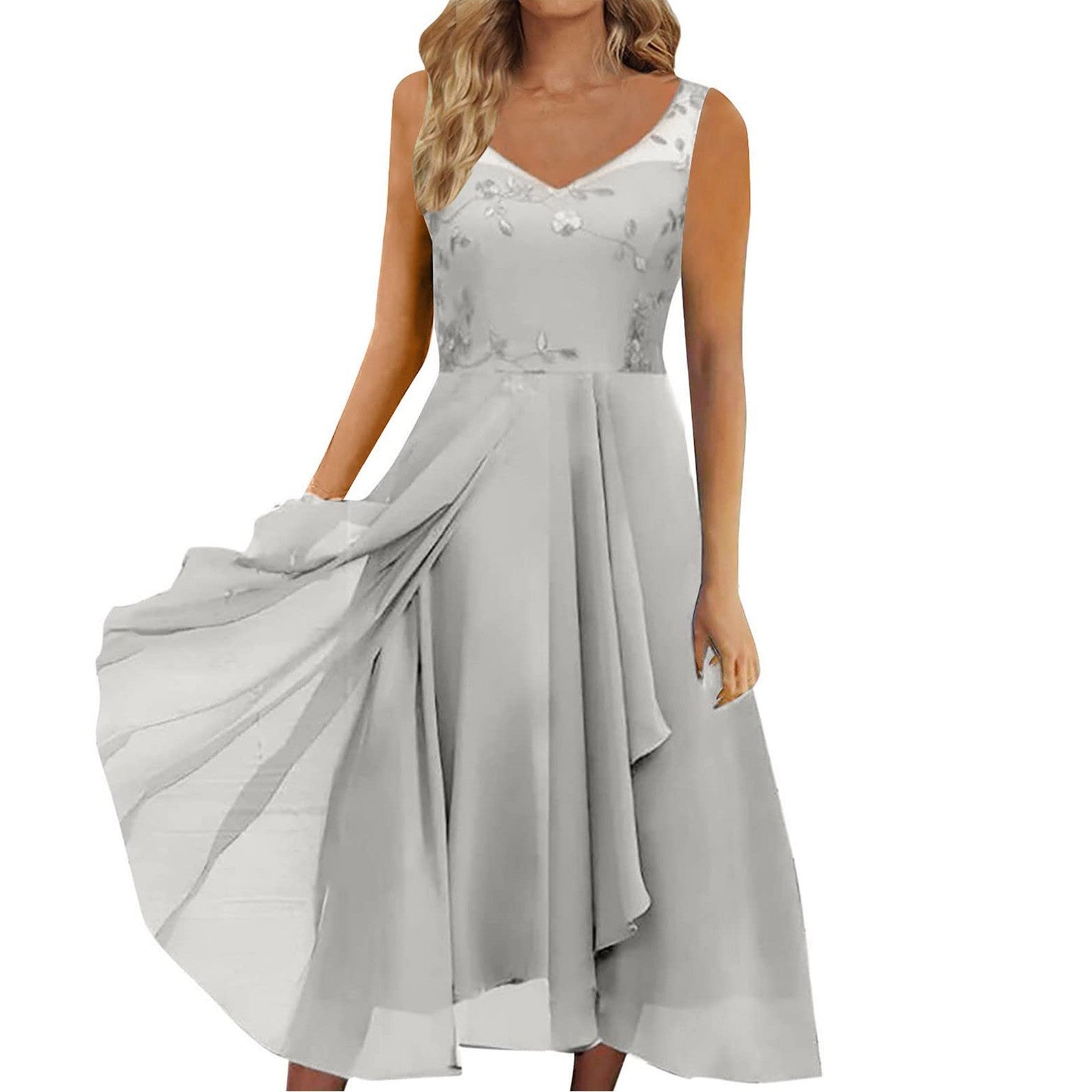 Women's Fashion Irregular Sleeveless V-Neck Mesh Embroidered Hollow Maxi Dress