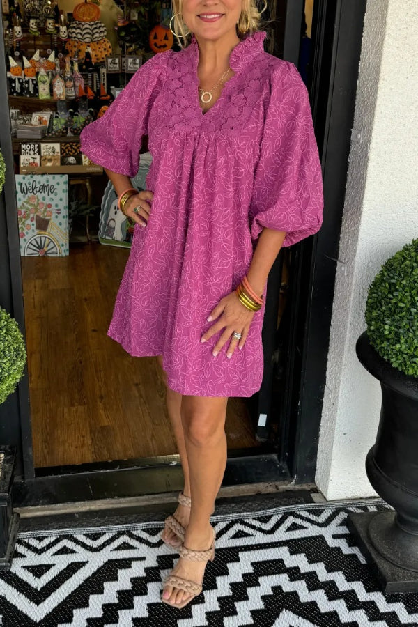 Women's Puff Sleeve Leaf Jacquard Mini Dress