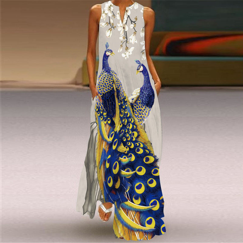 Fashion Sleeveless V Neck Casual Elegant Flower Print Vintage Maxi Dress