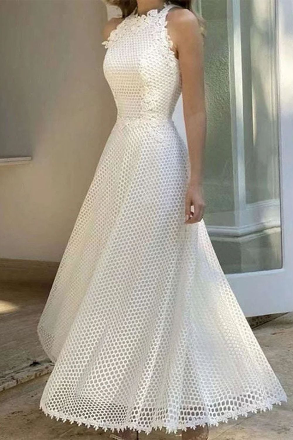 Temperament Fashion Party Elegant Lace Round Neck Swing Maxi Dress