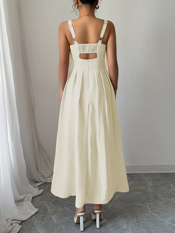 Backless Hollow Pleated Solid Color Zipper A-line High Waisted Spaghetti-Neck Midi Dresses