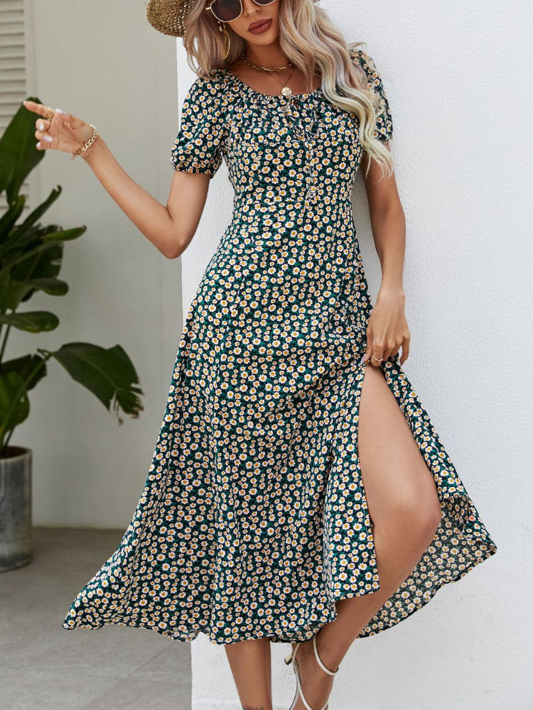 Summer Fashion Print Elegant Lace Up Sexy Strapless Slit Maxi Dress