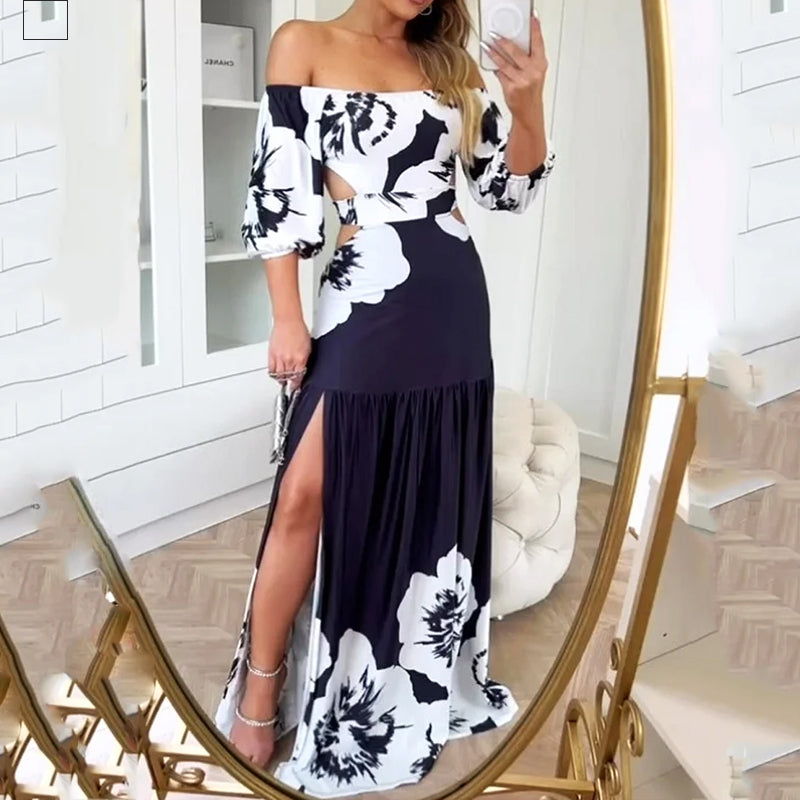 Women's Sexy Off Shoulder Print Hollow Lace Up Party Elegant Maxi Dress