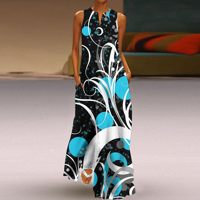 Summer Women Fashion Elegant Sleeveless V Neck Print Sexy Maxi Dress