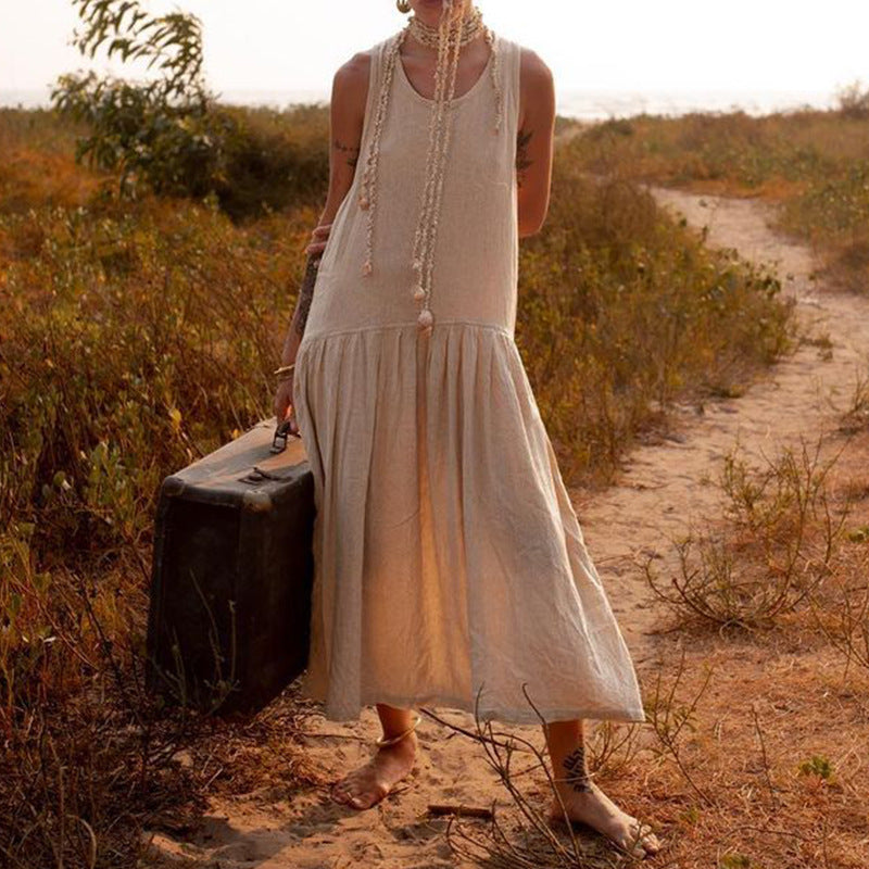 Ladies Casual Temperament Solid Color Sleeveless Strapless Fashion  Maxi Dress