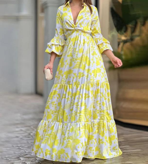 Women's Fashion Printed V-neck Bell Sleeve Long Sleeve Casual Maxi Dress