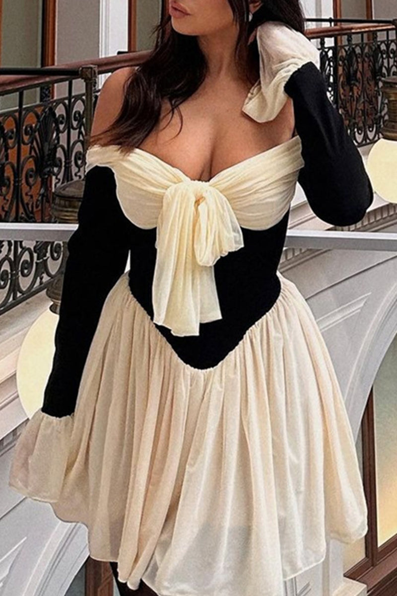 Sexy Backless Contrast Off Shoulder Waist Skirt Dresses
