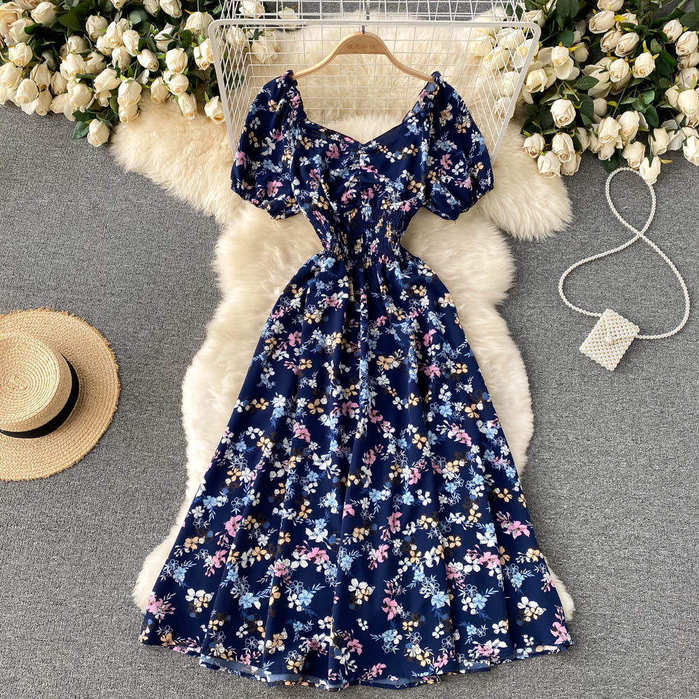 Women's Fashion V Neck Puff Sleeve Floral Print Casual Maxi Dress