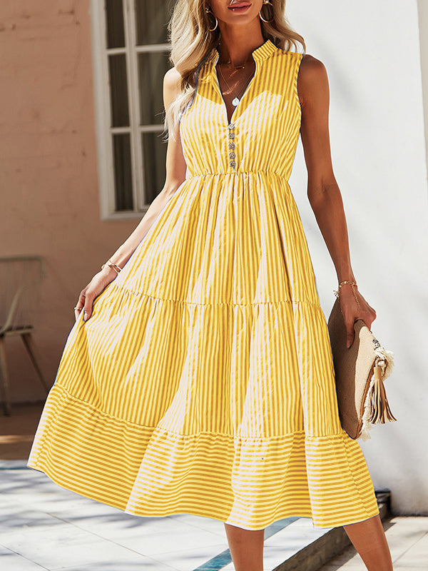 A-Line High Waisted Buttoned Split-Joint Striped V-Neck Midi Dresses