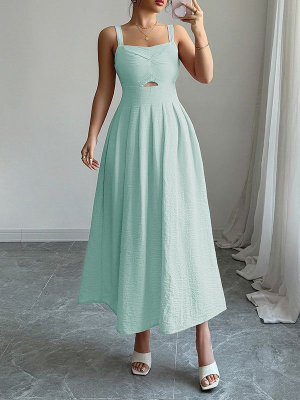 Backless Hollow Pleated Solid Color Zipper A-line High Waisted Spaghetti-Neck Midi Dresses