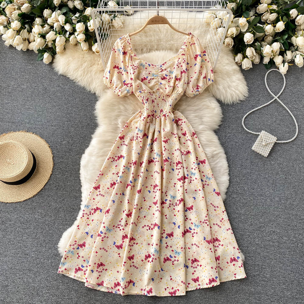 Women's Fashion V Neck Puff Sleeve Floral Print Casual Maxi Dress