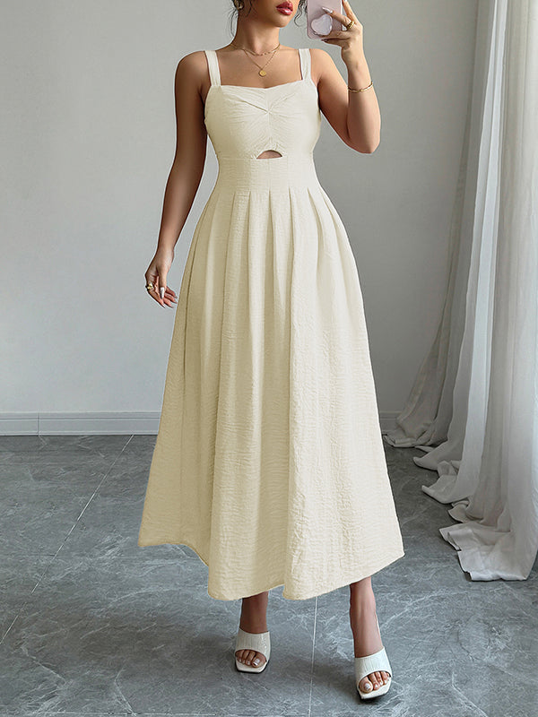 Backless Hollow Pleated Solid Color Zipper A-line High Waisted Spaghetti-Neck Midi Dresses