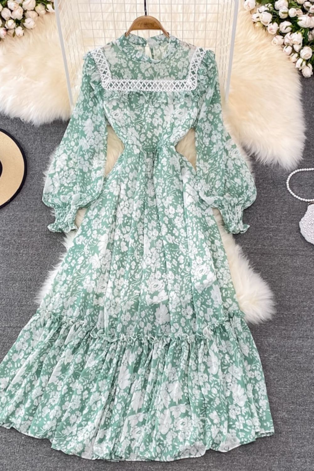 Women's Fashion Stand Collar Long Sleeves Slim Stitching Floral  Maxi Dress