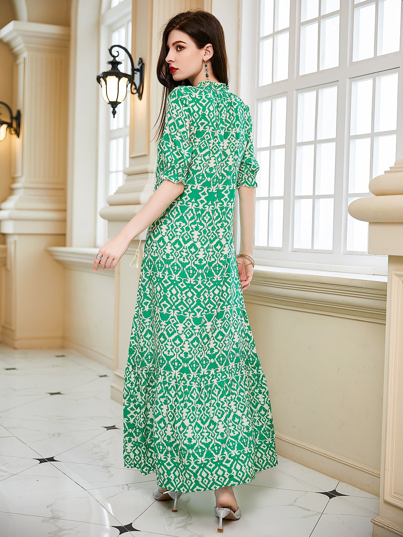 Fashion Women's Sexy V Neck Elegant Prom Print Casual Maxi Dress