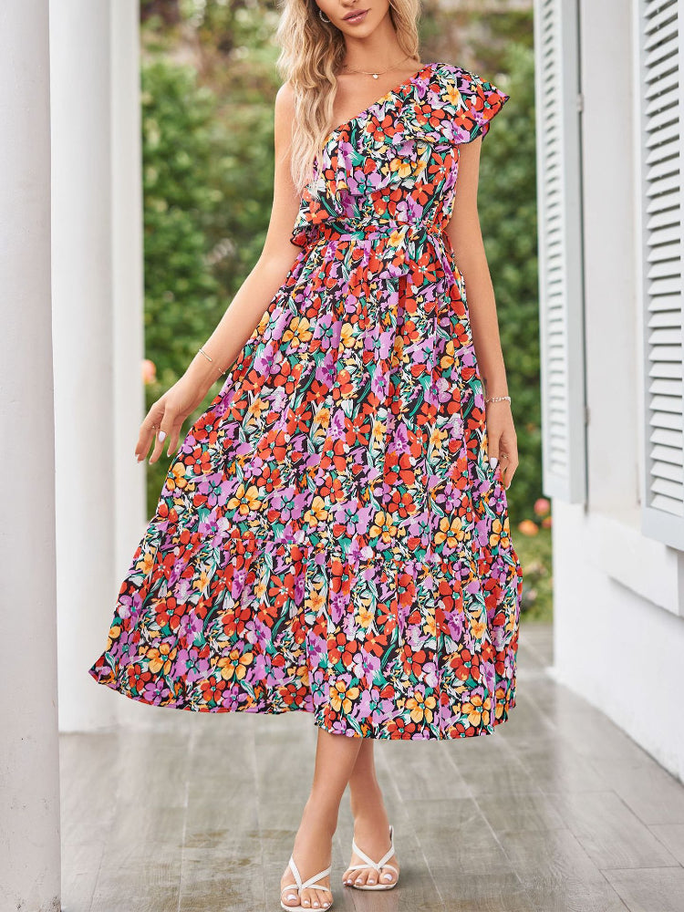 Women's Fashion Floral Ruffles Slanting Shoulder Sexy  Swing  Maxi Dress