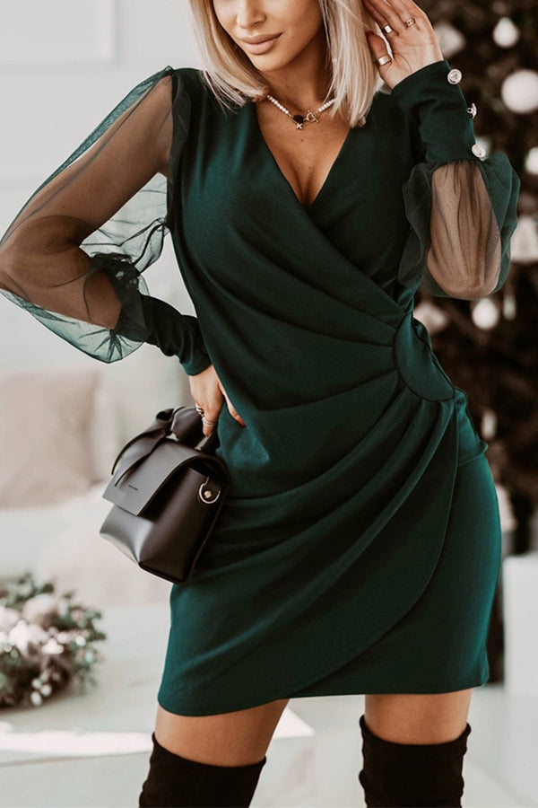 Contrast Mesh Sleeve Wrap Dress