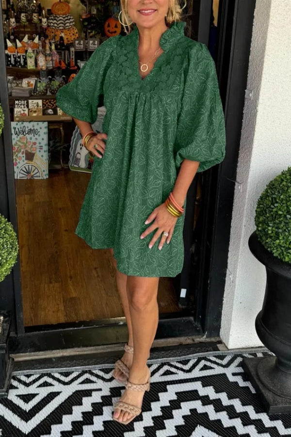 Women's Puff Sleeve Leaf Jacquard Mini Dress