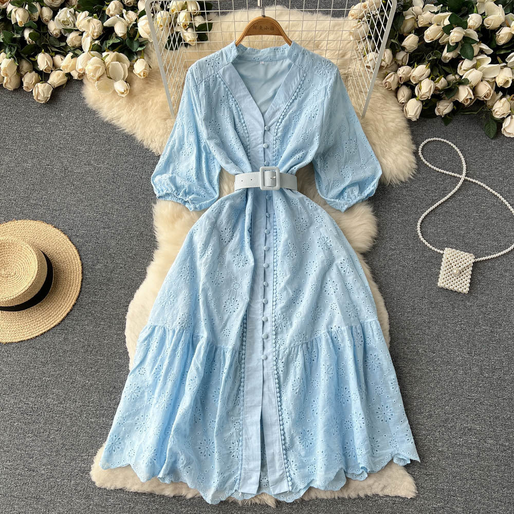 Women's Elegant V Neck Button Ruffle Puff Sleeve Fashion Maxi Dress