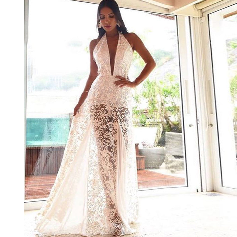 Sexy Sleeveless Halter Neck Backless Fashion Elegant Lace Maxi Dress