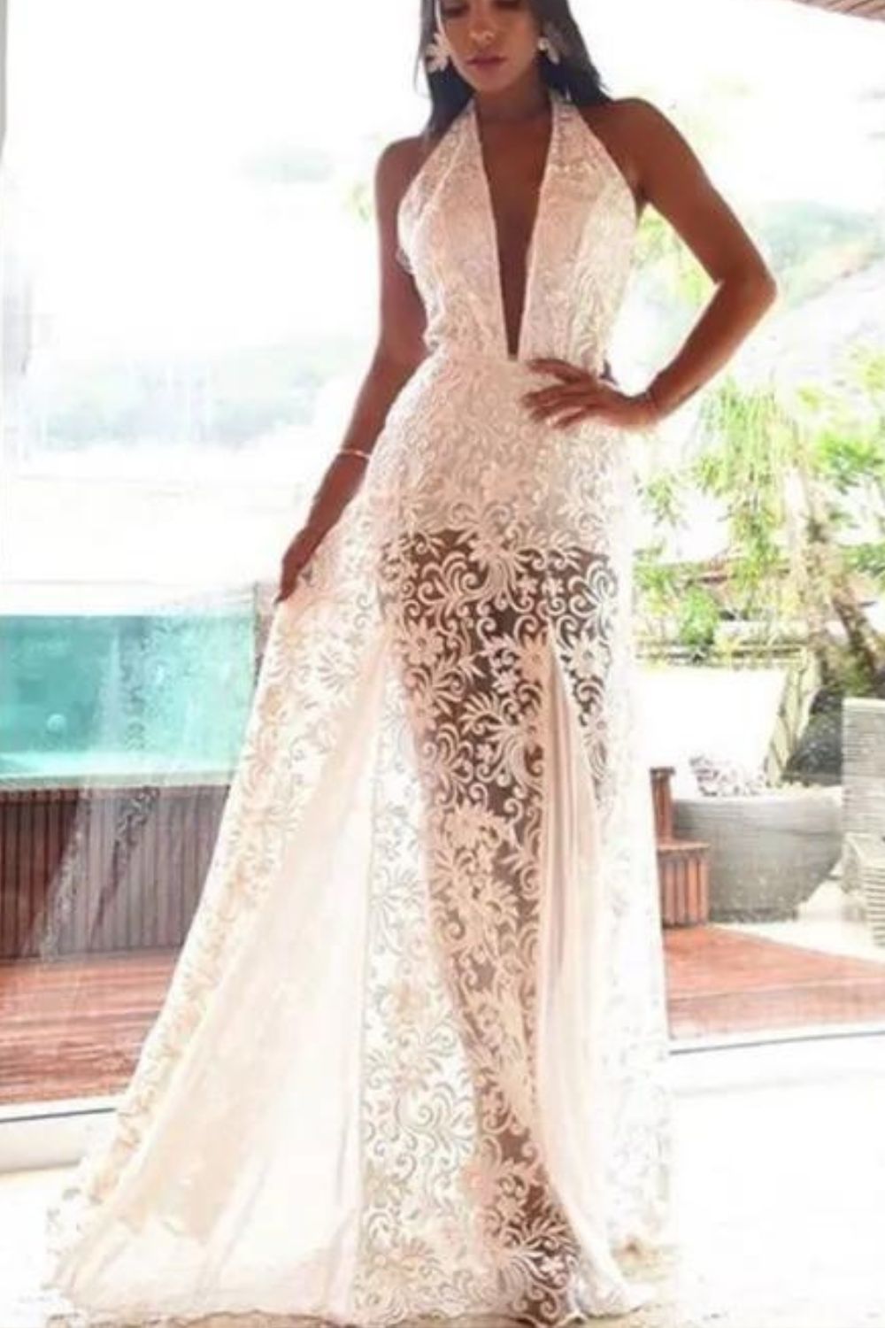 Sexy Sleeveless Halter Neck Backless Fashion Elegant Lace Maxi Dress