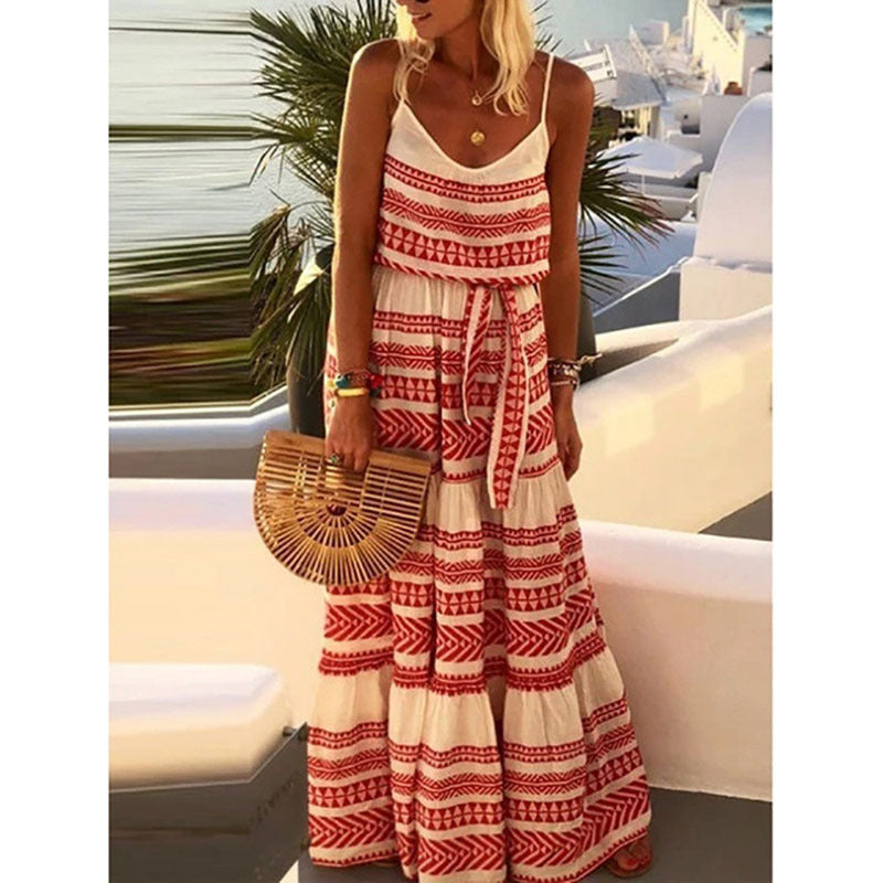 Women's Bohemian Style Fashion V Neck Printed Beach Sling Maxi Dress