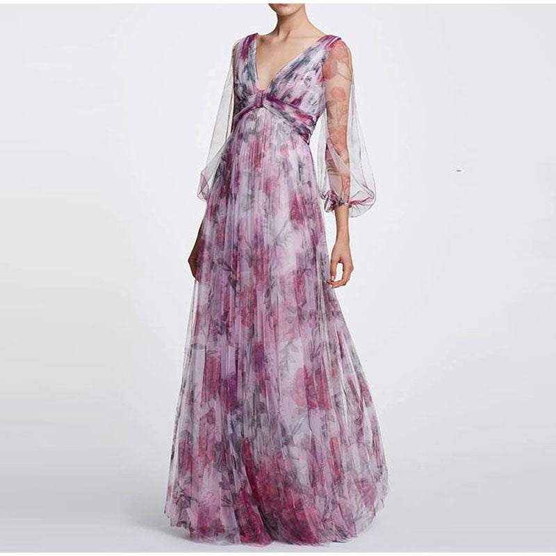 Women's Elegant Printed Mesh Fashion V Neck Long Sleeves Pleated Party Maxi Dress