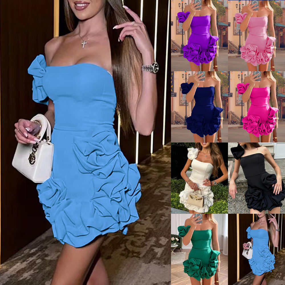 Women's Strapless Sleeveless High Waist Solid Color Dress with Ruffle Edge Flower Bud Waist Design
