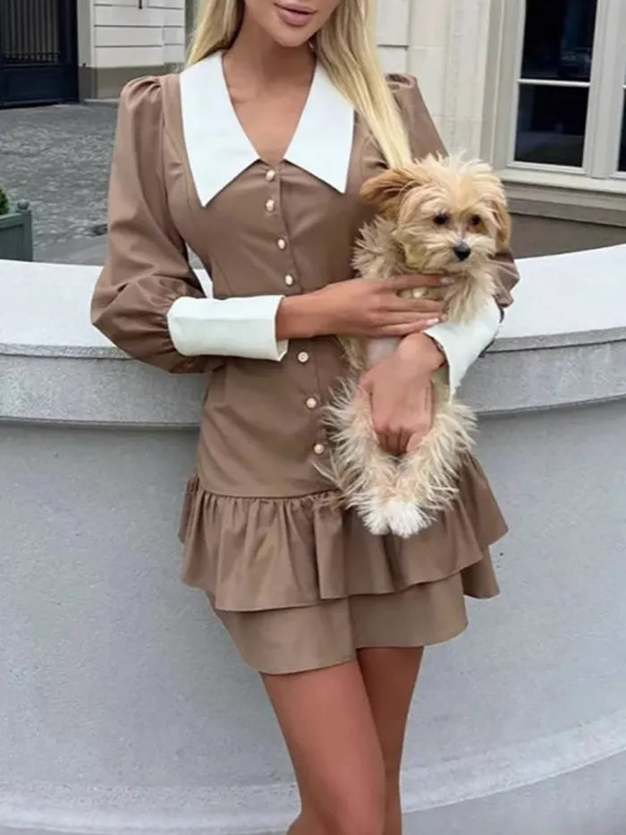 Fashion V-neck Button Slim Fit Short Dress Ruffle Edge Design Long Sleeved Autumn Women's Dress Casual Color Blocked Party Dress