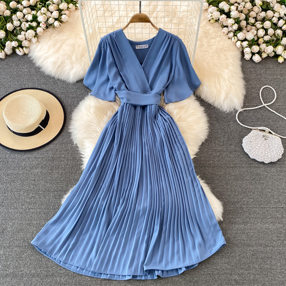 Women's Fashion Elegant Pleated Summer V Neck Vintage A-Line High Waist  Maxi Dress