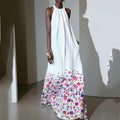 Women's Printed Sleeveless Halter Neck Sexy Big Swing Ruffle  Maxi Dress