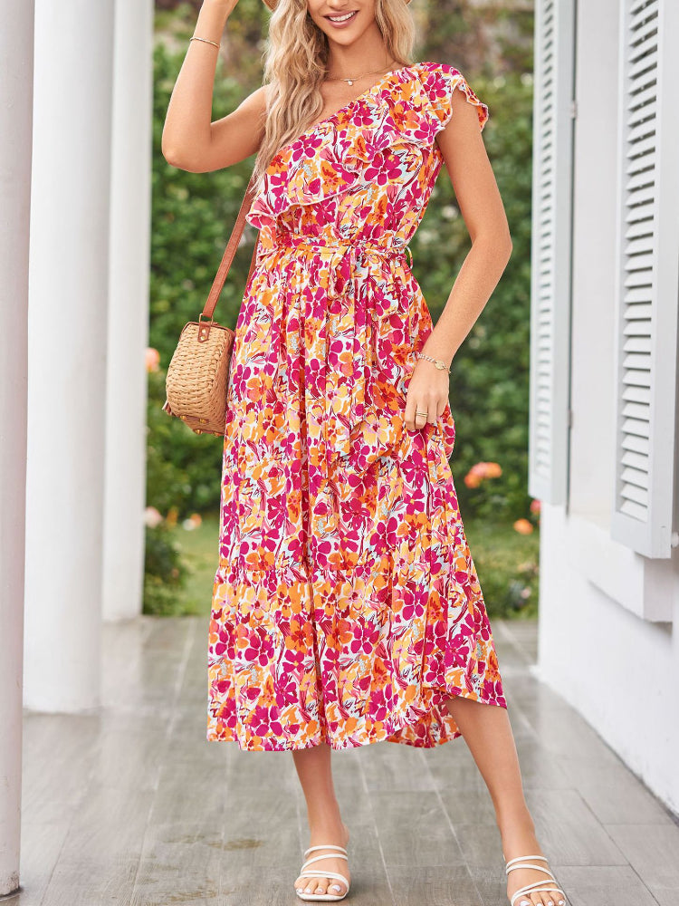 Women's Fashion Floral Ruffles Slanting Shoulder Sexy  Swing  Maxi Dress
