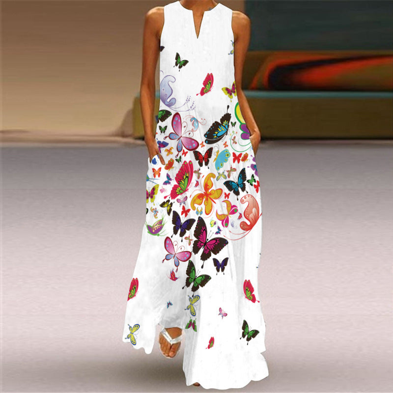 Vintage Print V Neck Sleeveless Sexy Casual Maxi Dress