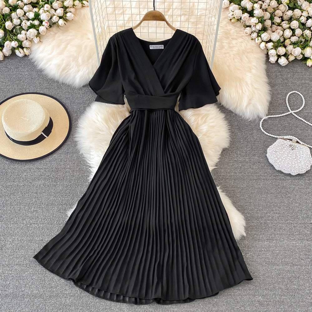 Women's Fashion Elegant Pleated Summer V Neck Vintage A-Line High Waist  Maxi Dress