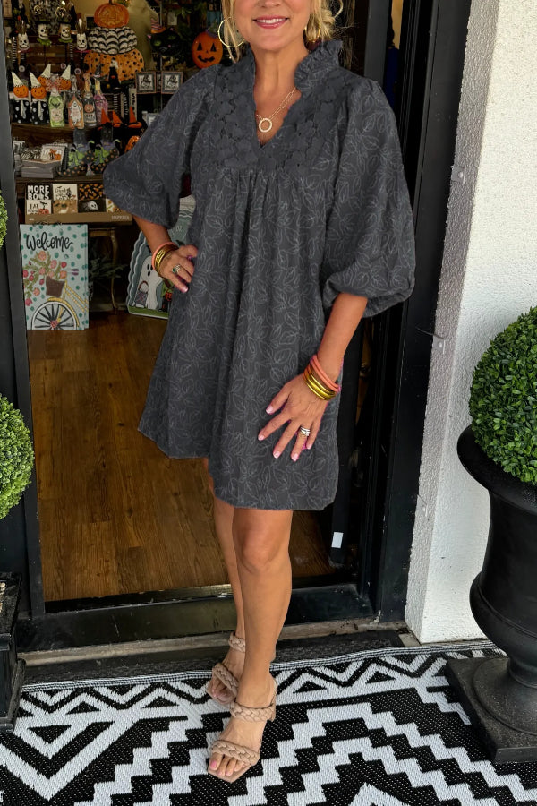 Women's Puff Sleeve Leaf Jacquard Mini Dress