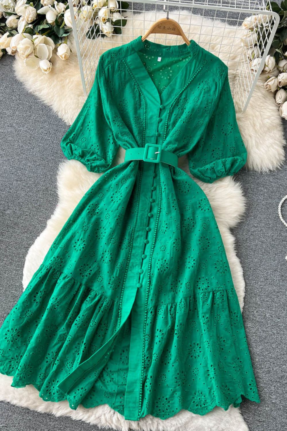 Women's Elegant V Neck Button Ruffle Puff Sleeve Fashion Maxi Dress